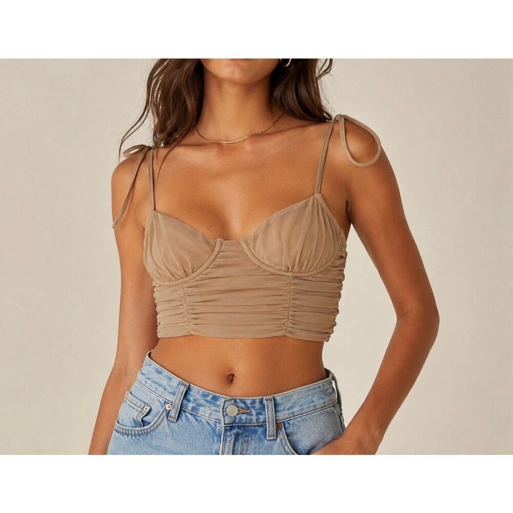 Tic Toc Ruched Mesh Crop Top Small Beige Nude Y2K Going Out Top